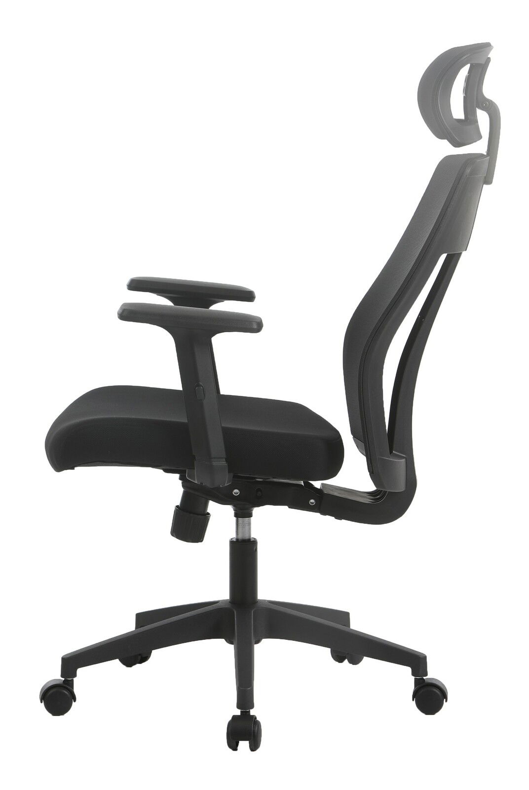 Moderner schwarzer Drehstuhl mit Armlehnen und Kopfstütze, Seitenansicht