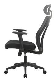 Moderner schwarzer Drehstuhl mit Armlehnen und Kopfstütze, Seitenansicht