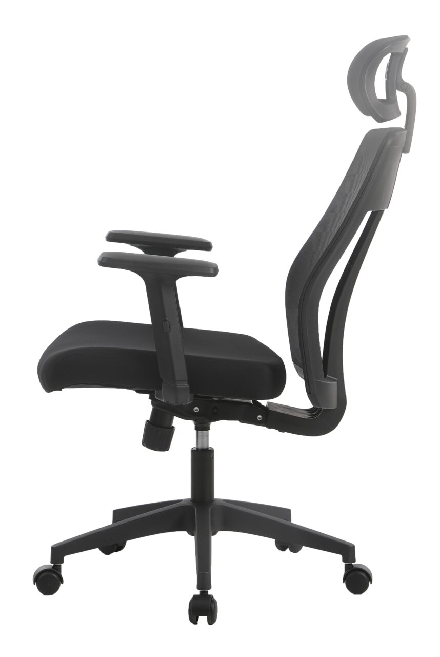 Moderner schwarzer Drehstuhl mit Armlehnen und Kopfstütze, Seitenansicht