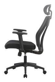 Moderner schwarzer Drehstuhl mit Armlehnen und Kopfstütze, Seitenansicht