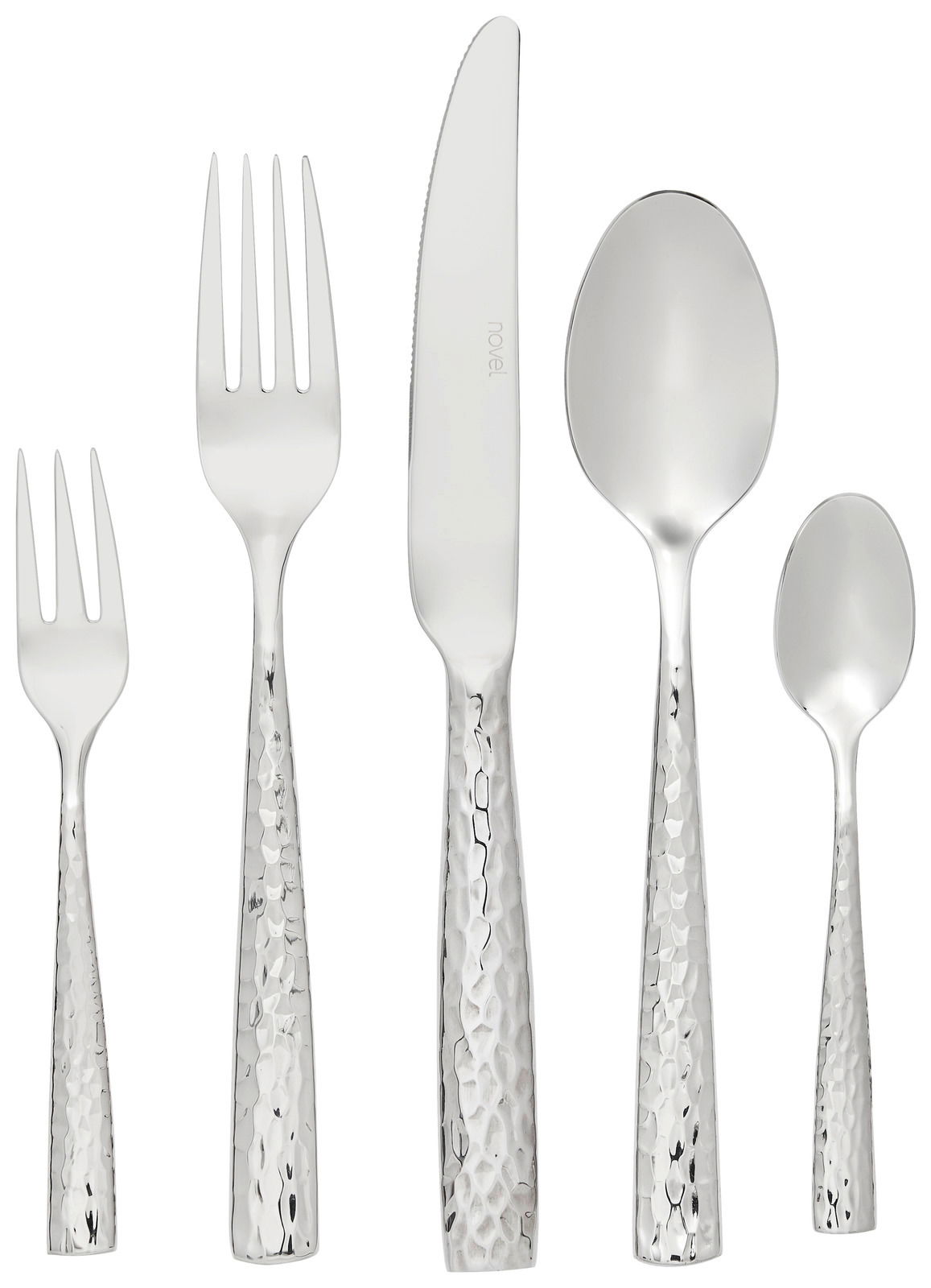 Besteckset mit gehämmertem Griffdesign, bestehend aus Gabel, Messer, Esslöffel, Teelöffel und Kuchengabel, frontal abgebildet.
