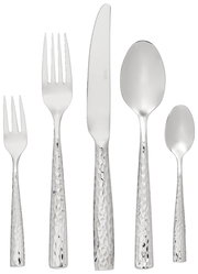 Besteckset mit gehämmertem Griffdesign, bestehend aus Gabel, Messer, Esslöffel, Teelöffel und Kuchengabel, frontal abgebildet.