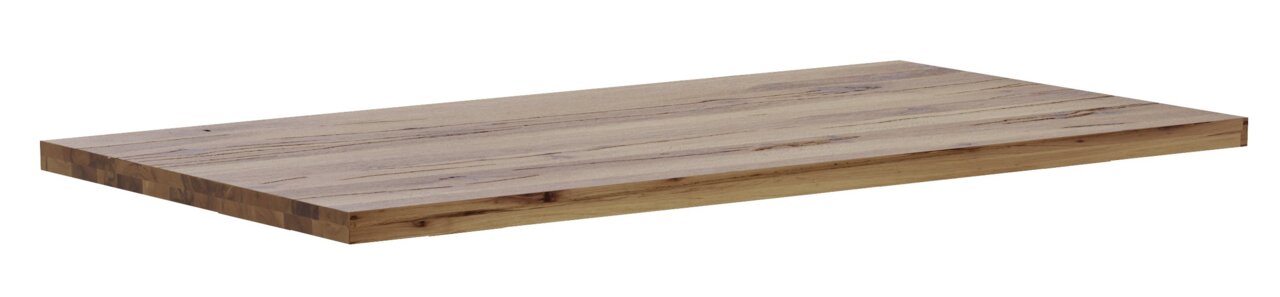 Rechthoekig houten tafelblad, gefotografeerd vanuit een schuin perspectief, met een natuurlijke houtnerf.