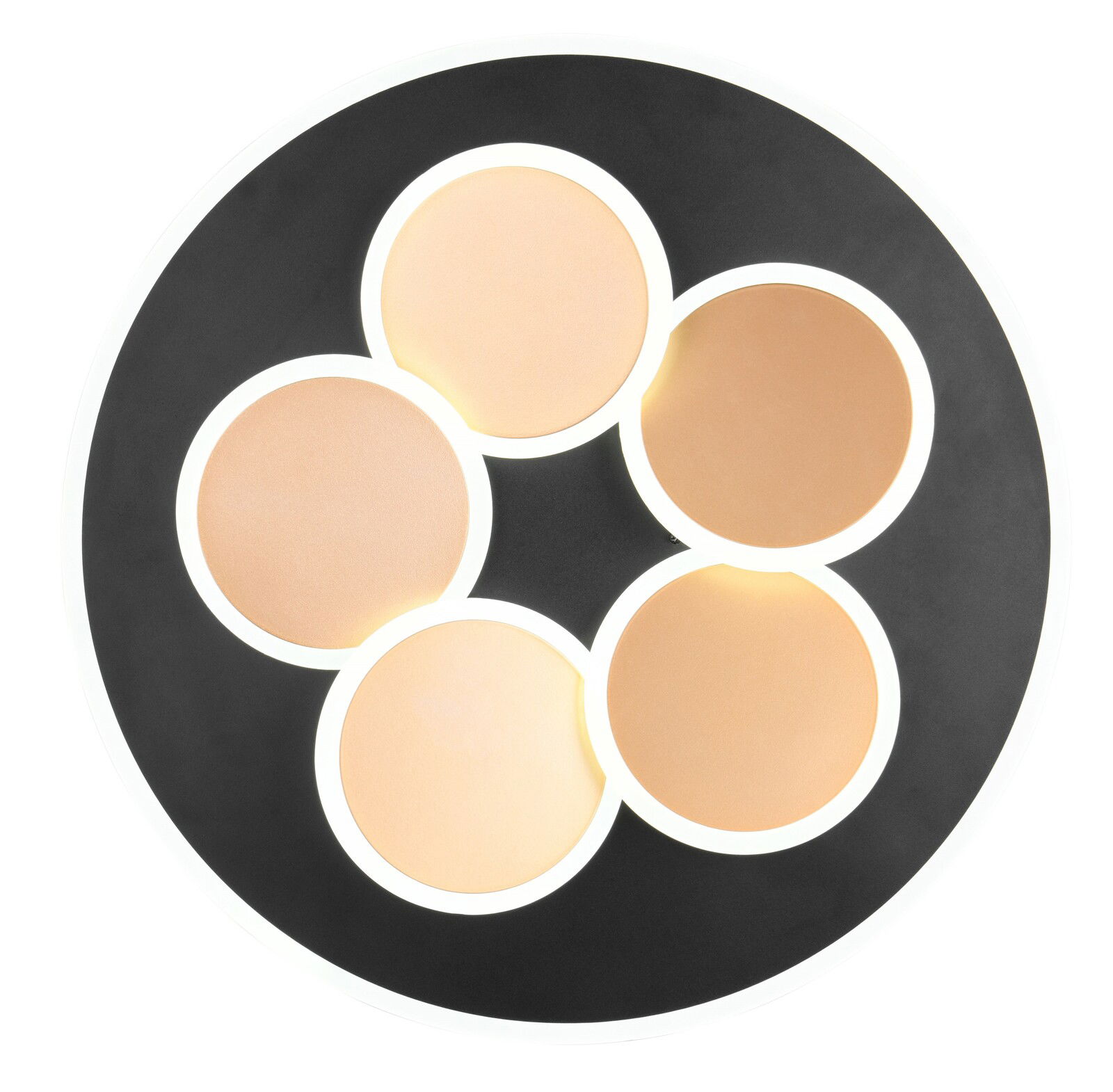 Deckenleuchte Mandala mit fünf runden, leuchtenden Elementen in einer symmetrischen Anordnung, Ansicht von unten.