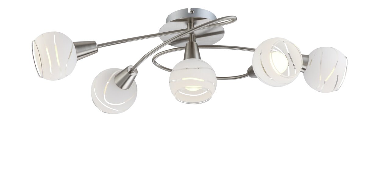 Globo Lighting Deckenleuchte Moderne Deckenleuchte mit fünf kugelförmigen, weißen Lampenschirmen und gebürstetem Metallgestell, seitliche Perspektive