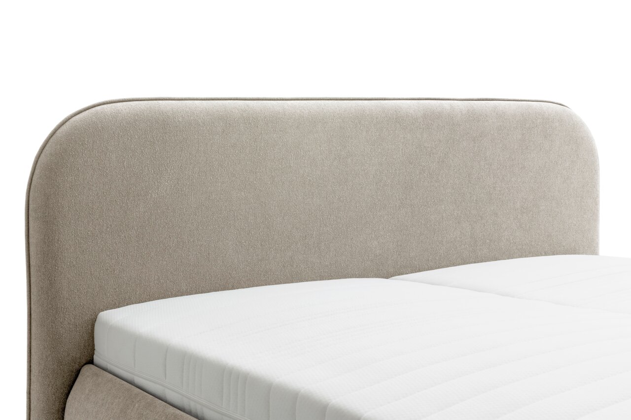 Beige Polsterbettgestell LISSABON mit abgerundetem Kopfteil, seitliche Perspektive