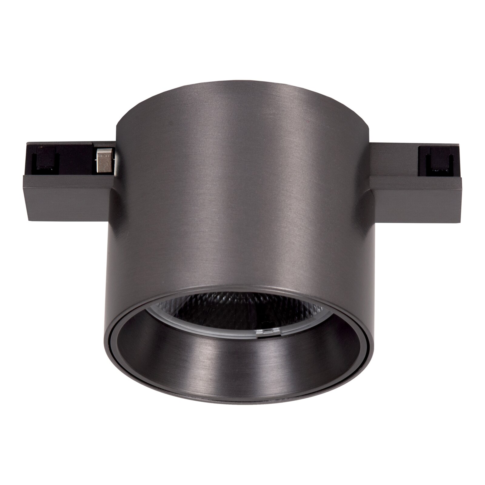 Zwarte cilindrische inbouwspot/LED-downlight met montageklemmen, frontaal aanzicht (recht van voren) op witte achtergrond
