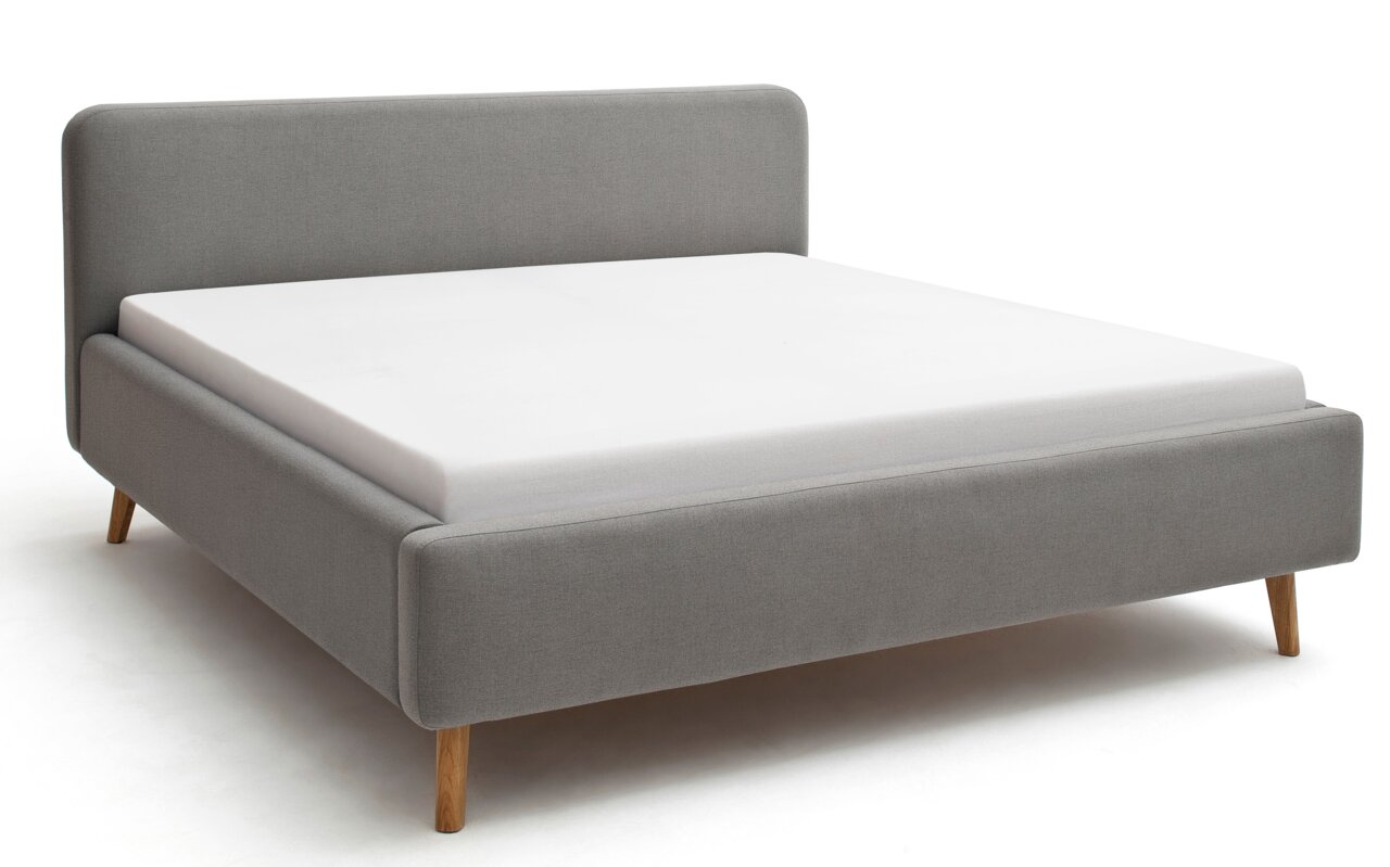 Z2 Polsterbett MATTIS Graues Polsterbett mit Holzfüßen, seitliche Perspektive