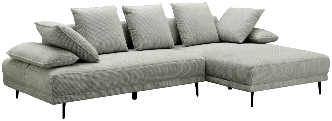 Graues Ecksofa mit fünf Kissen, Perspektive von vorne rechts