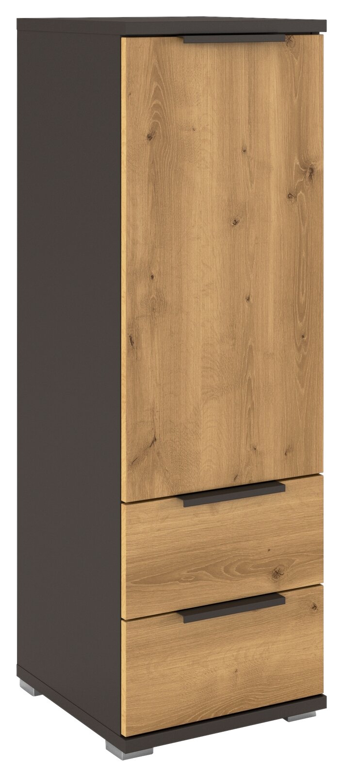 Schmaler Schrank in Anthrazit mit Fronten in Eiche-Optik, oben eine Tür und darunter zwei Schubladen mit schwarzen Griffleisten, freigestellt, Ansicht schräg von vorne links.