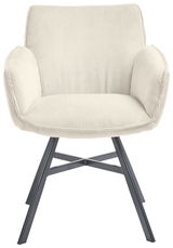 Beiger Armlehnstuhl mit geripptem Stoffbezug und schwarzen Metallbeinen, Vorderansicht