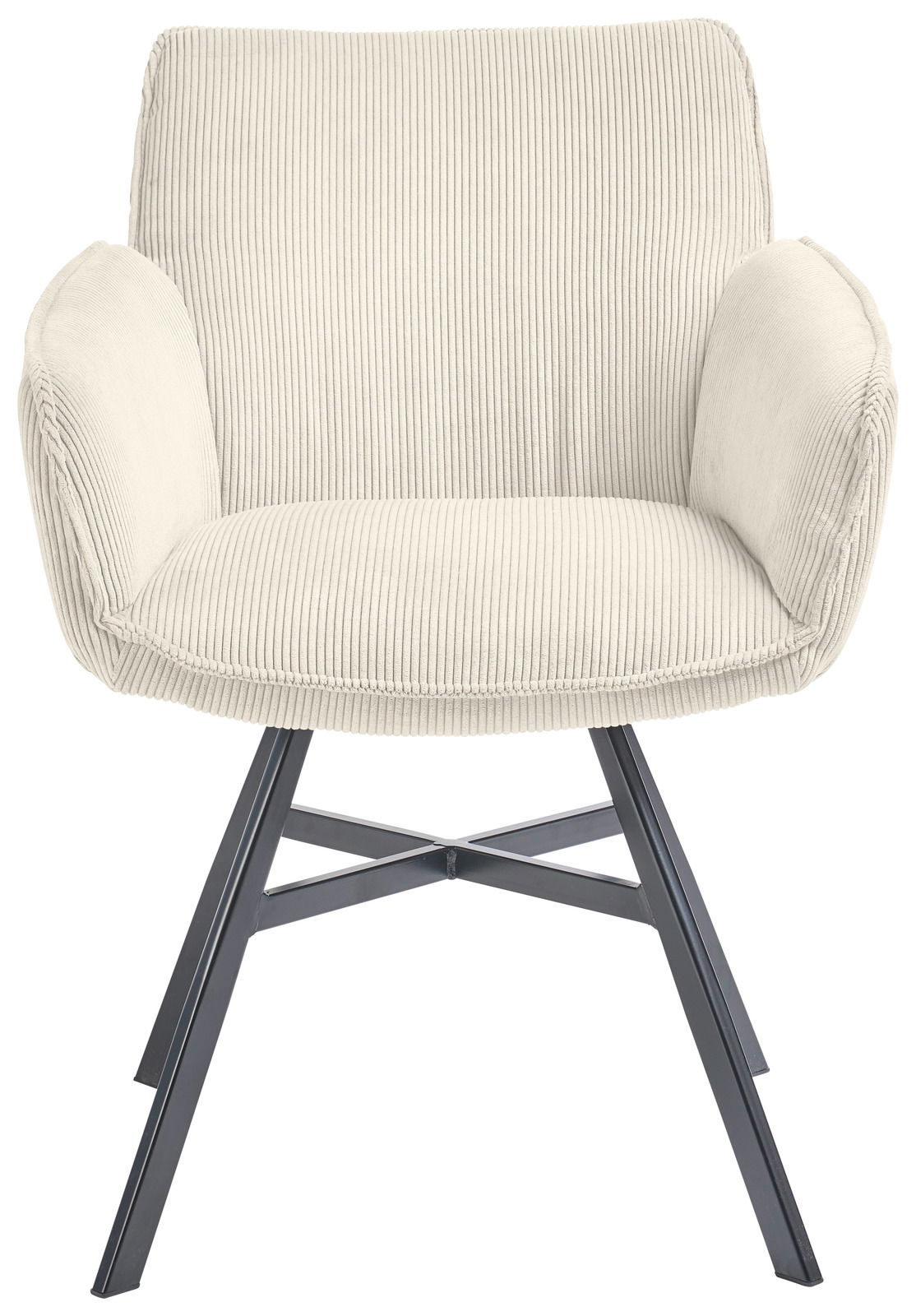 Beiger Armlehnstuhl mit geripptem Stoffbezug und schwarzen Metallbeinen, Vorderansicht