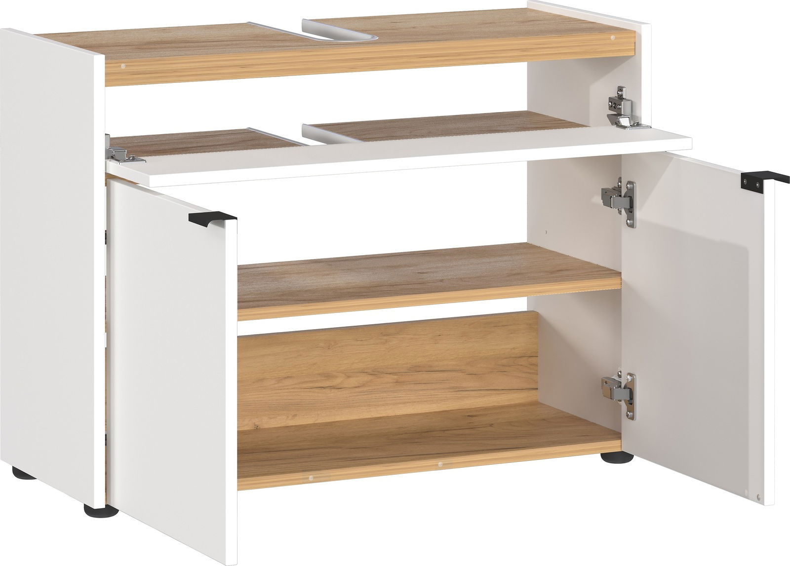 Waschbeckenunterschrank FORANO in Holzoptik mit weißen Türen, offene Perspektive von vorne