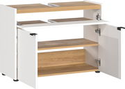 Waschbeckenunterschrank FORANO in Holzoptik mit weißen Türen, offene Perspektive von vorne