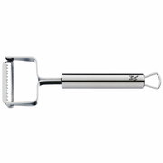 Julienneschneider aus Edelstahl, seitliche Ansicht, 17 cm lang, mit ergonomischem Griff und scharfen Klingen.