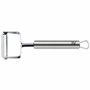 Julienneschneider aus Edelstahl, seitliche Ansicht, 17 cm lang, mit ergonomischem Griff und scharfen Klingen.
