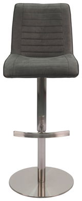 Moderner Barstuhl mit gepolsterter Rückenlehne und Sitzfläche in dunklem Grau, auf einem verchromten Standfuß. Frontalansicht.