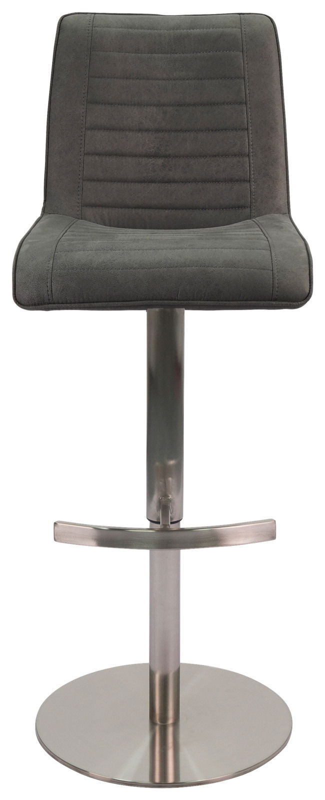 Novel Barstuhl WILLY Moderner Barstuhl mit gepolsterter Rückenlehne und Sitzfläche in dunklem Grau, auf einem verchromten Standfuß. Frontalansicht.
