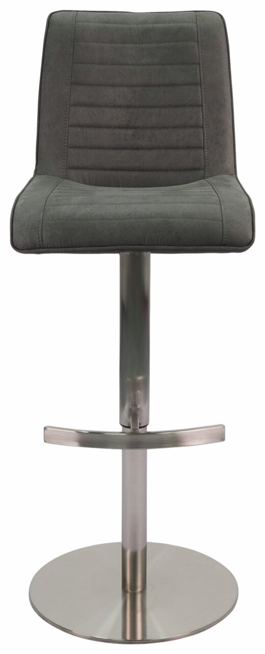 Novel Barstuhl WILLY Moderner Barstuhl mit gepolsterter Rückenlehne und Sitzfläche in dunklem Grau, auf einem verchromten Standfuß. Frontalansicht.