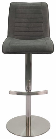 Moderner Barstuhl mit gepolsterter Rückenlehne und Sitzfläche in dunklem Grau, auf einem verchromten Standfuß. Frontalansicht.