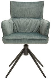 Frontansicht eines modernen Armlehnstuhls mit grünem Stoffbezug und schwarzem Metallgestell.