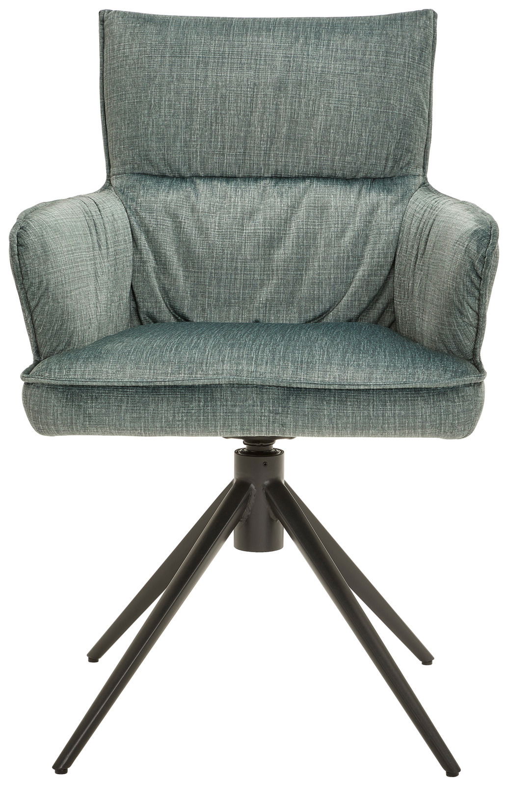 Frontansicht eines modernen Armlehnstuhls mit grünem Stoffbezug und schwarzem Metallgestell.