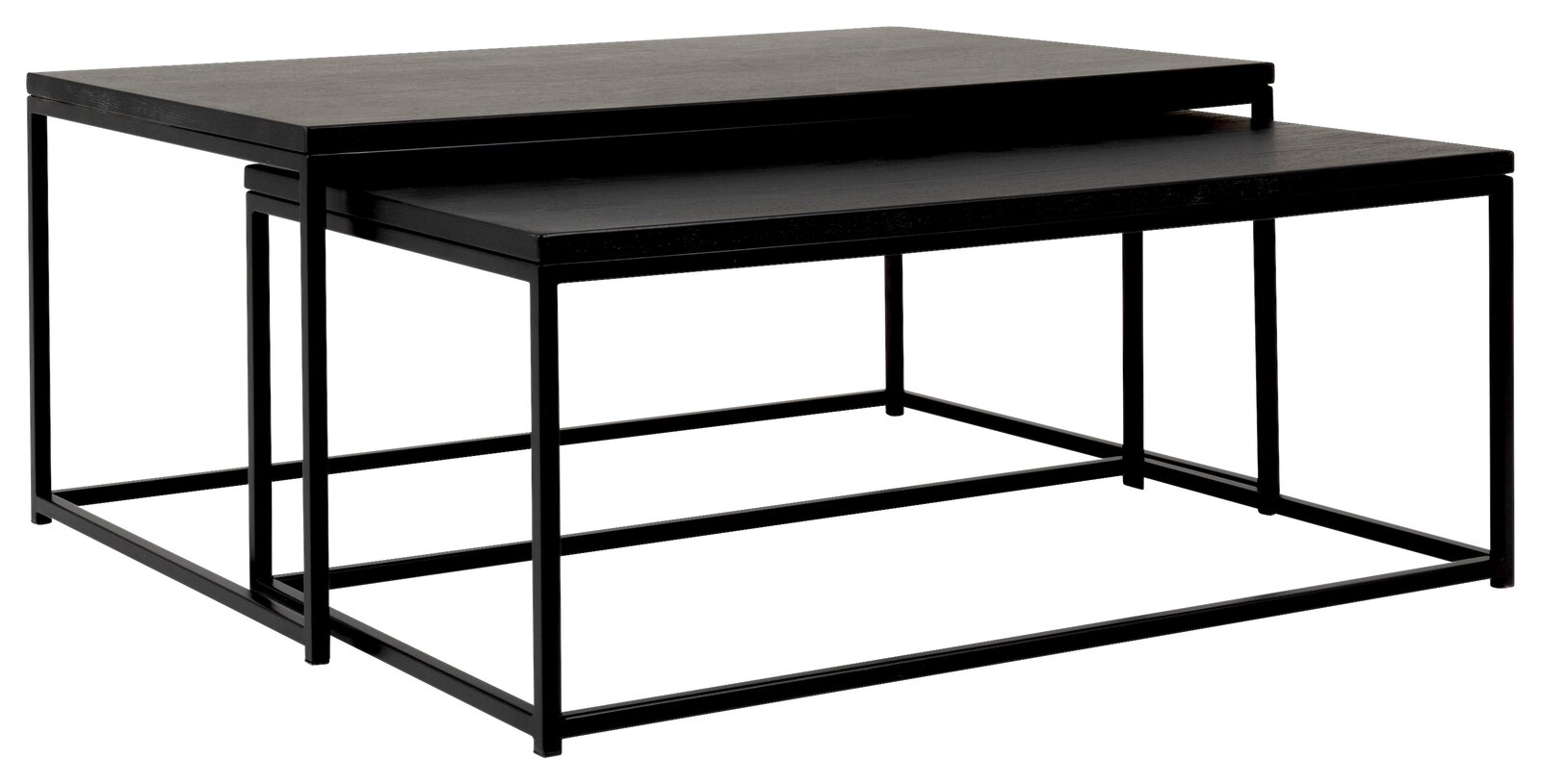 Zweier-Set von Couchtischen mit schwarzem Metallrahmen und rechteckigen Tischplatten, seitliche Perspektive