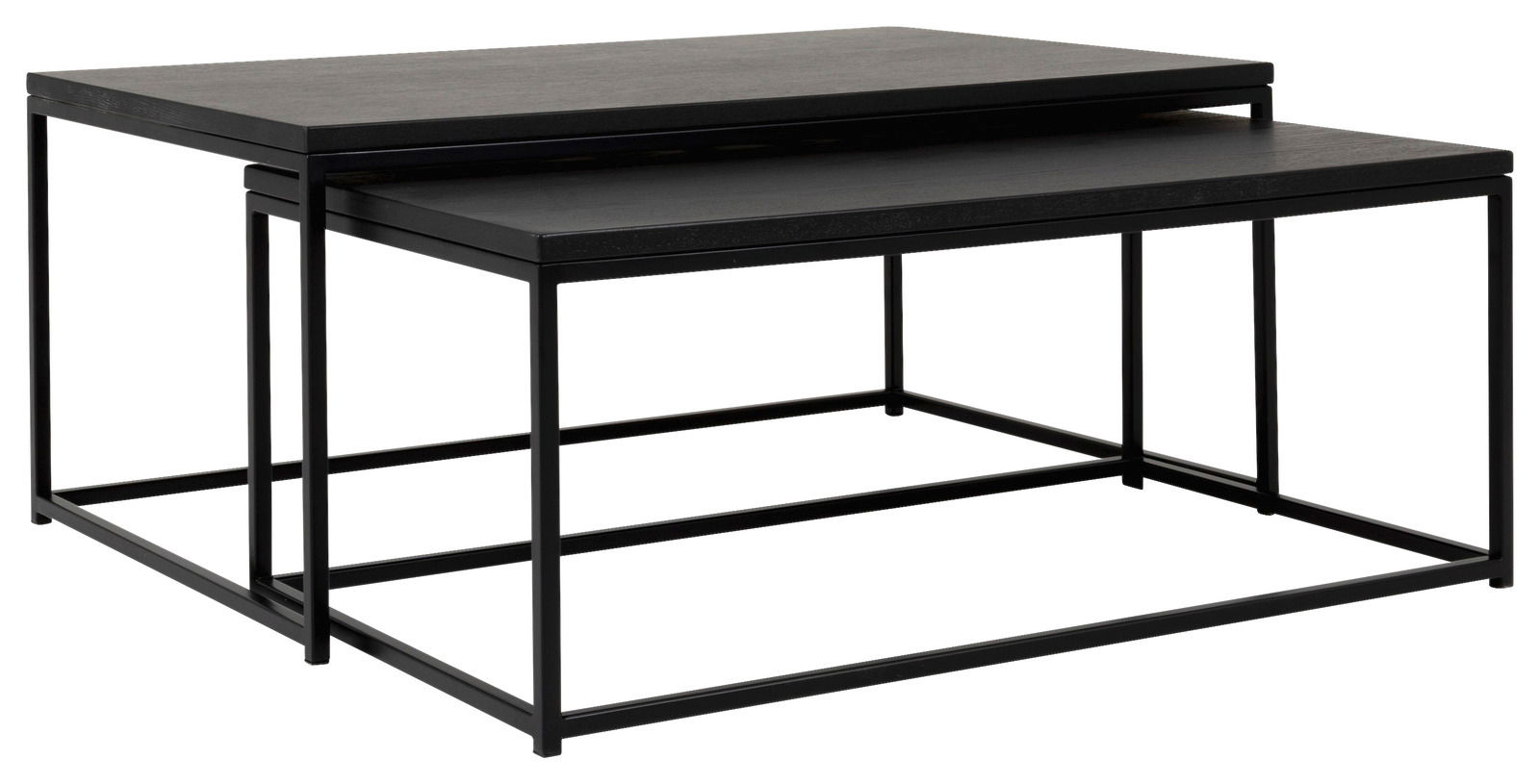 Zweier-Set von Couchtischen mit schwarzem Metallrahmen und rechteckigen Tischplatten, seitliche Perspektive