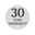Rundes graues Emblem mit der Aufschrift '30 Year Warranty' in schwarzer Schrift, frontal betrachtet.