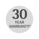 Rundes graues Emblem mit der Aufschrift '30 Year Warranty' in schwarzer Schrift, frontal betrachtet.