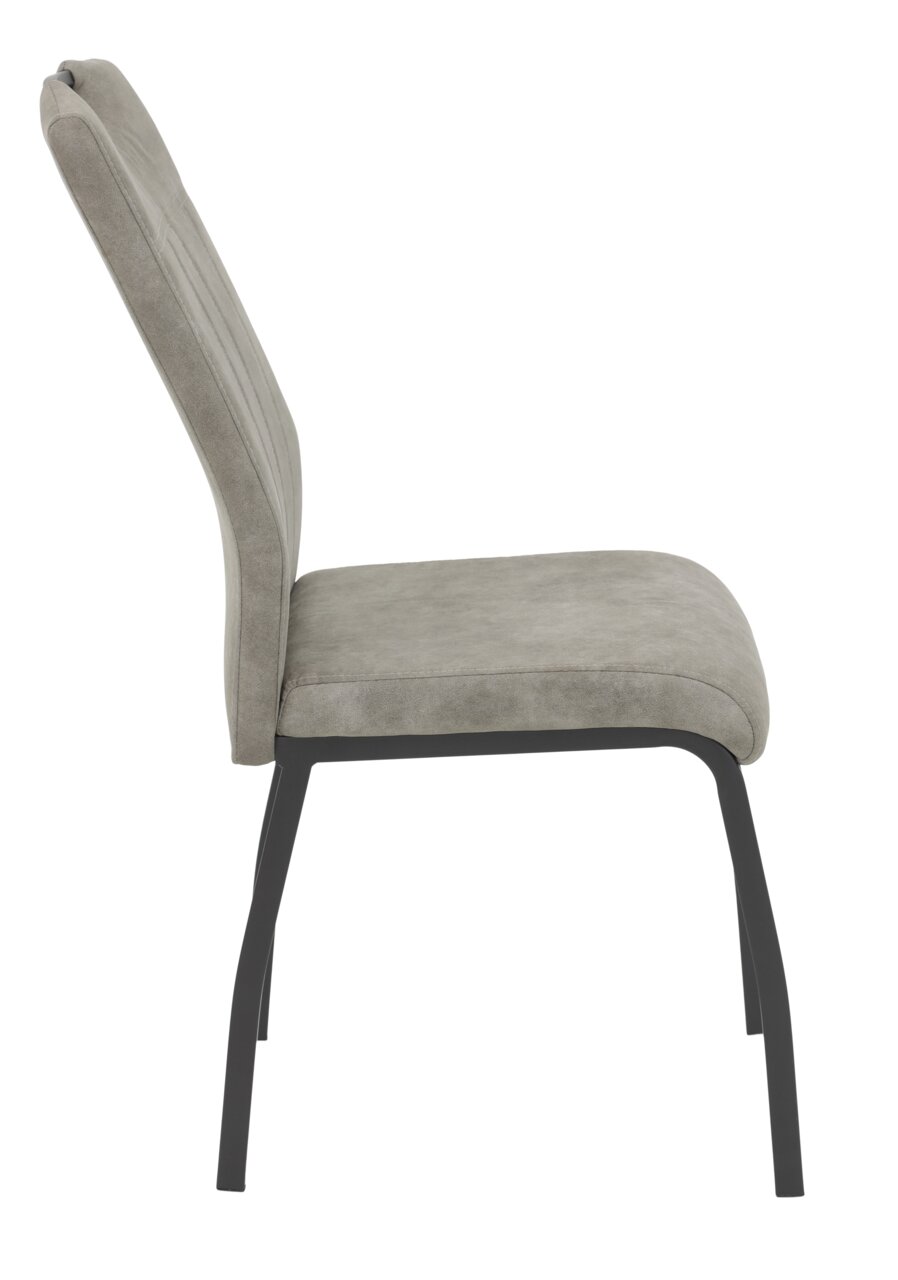 Seitenansicht eines modernen Stuhls mit grauem Polster und schwarzem Metallgestell.