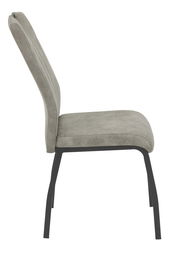 Seitenansicht eines modernen Stuhls mit grauem Polster und schwarzem Metallgestell.