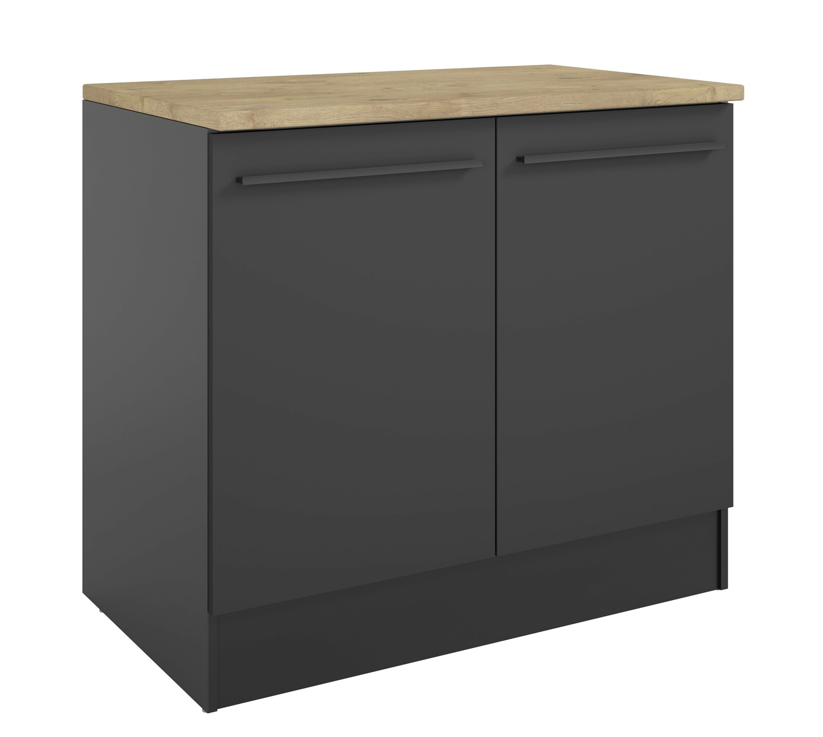 Yourkitchen Spülenunterschrank JAZZ Spülenunterschrank 100 in dunklem Grau mit Holzarbeitsplatte, perspektivische Ansicht von vorne links