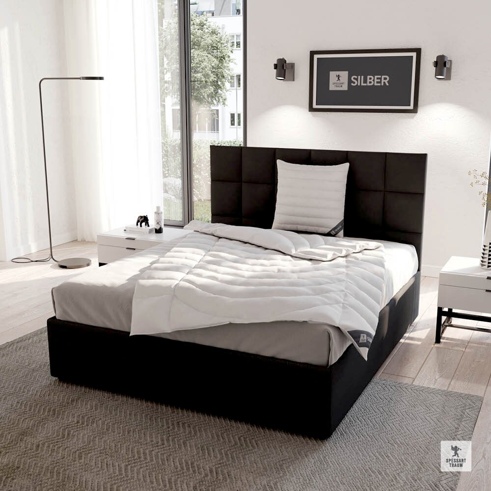 Modernes Schlafzimmer mit einem stilvollen schwarzen Bettgestell und einer Spessarttraum Faserdecke in Silber, fotografiert aus einer leicht erhöhten Perspektive.