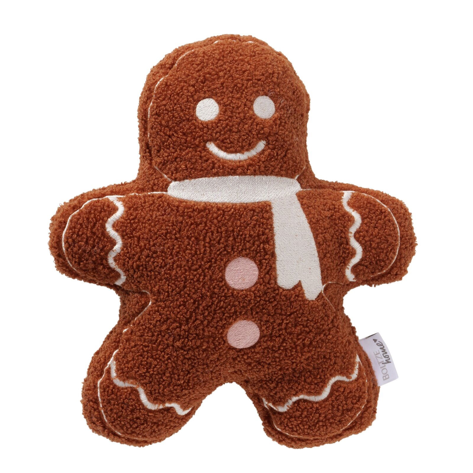 Boltze Kissen GINGER Vorderansicht eines weichen, braunen Kissen in Form eines Lebkuchenmanns mit weißen und rosa Details.