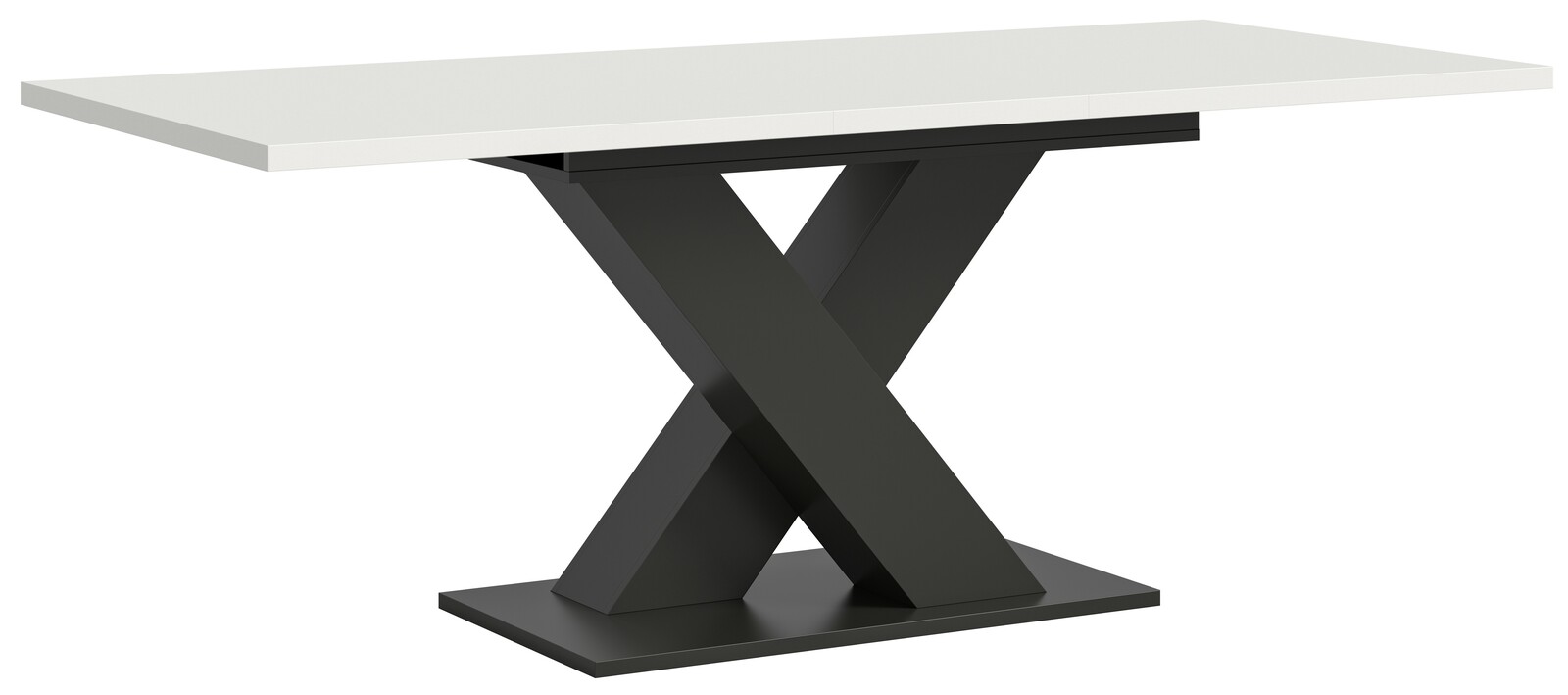 Moderner Esstisch mit weißer Tischplatte und schwarzem X-förmigem Gestell, seitliche Perspektive.
