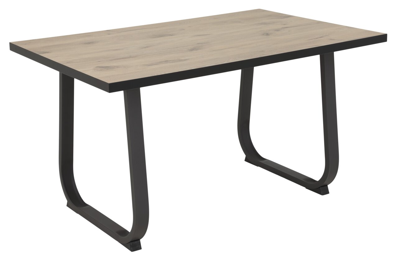 Moderne eettafel met houten blad en zwarte metalen poten, zijaanzicht