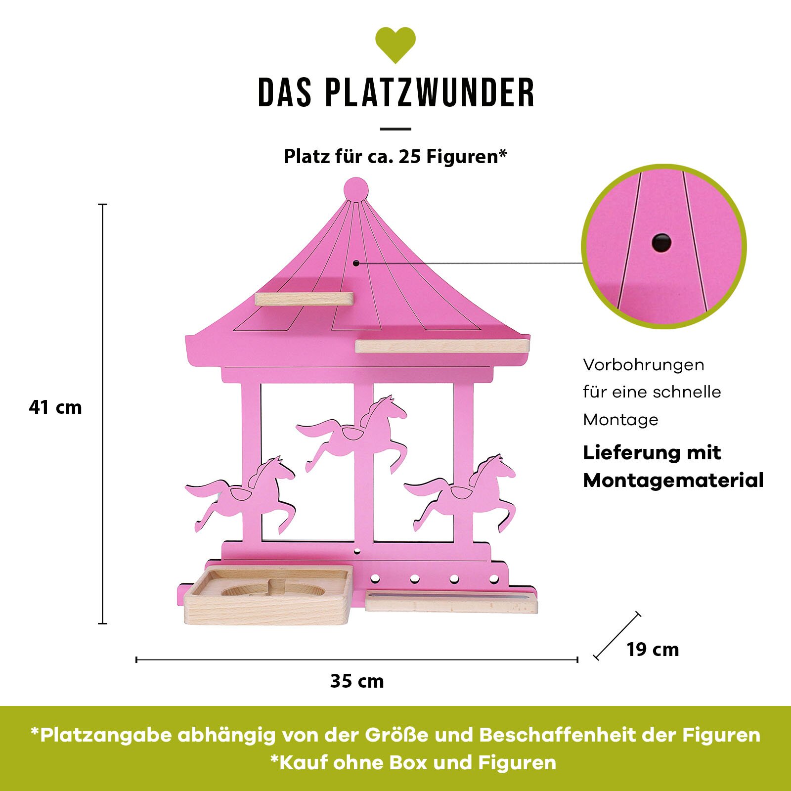Frontalansicht eines rosa Holz-Displayständers mit Karussell-/Pferdemotiv („Das Platzwunder“), ca. 41 cm hoch, 35 cm breit und 19 cm tief, mit Vorbohrungen für schnelle Montage und Platz für ca. 25 Figuren.