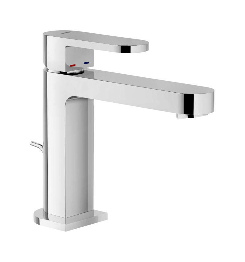 Ein moderner Einhand-Waschtischmischer aus Chrom in seitlicher Perspektive.