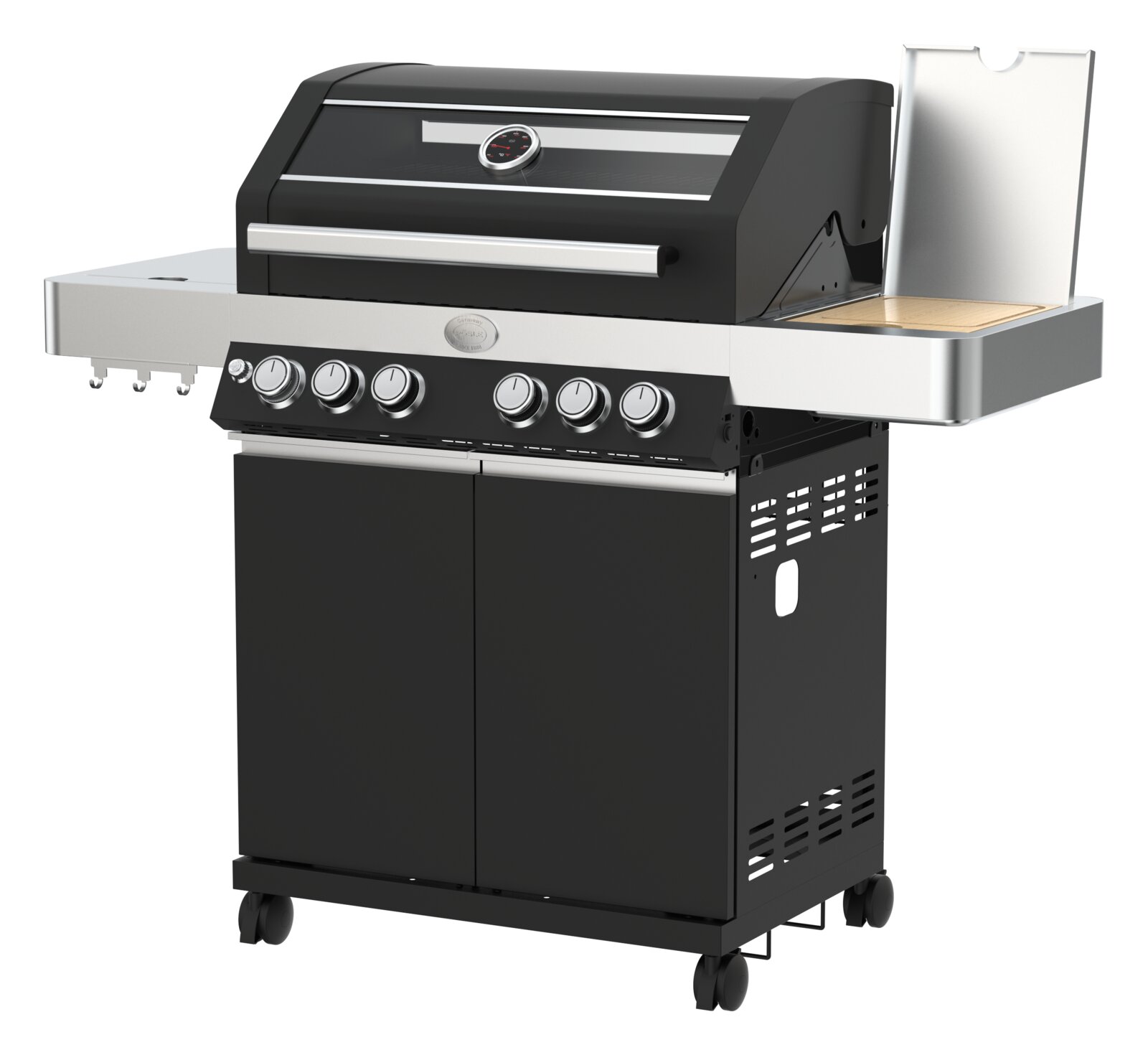 Rösle BBQ-Station VIDERO G4-SB Vario inkl. Abdeckhaube Schwarzer Gasgrill mit Deckelthermometer, sechs Drehreglern, seitlichen Ablagen und Unterschrank auf Rollen, in schräger Frontansicht von rechts