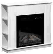 Weißer Elektrokamin mit seitlichen Regalen, Frontalansicht