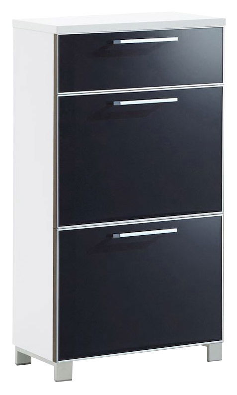 VOSS Schuhschrank schmal SANTINA Schmaler Schuhschrank mit drei schwarzen Klappen und silbernen Griffen, seitliche Perspektive