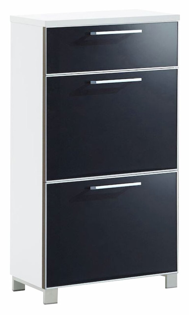 VOSS Schuhschrank schmal SANTINA Schmaler Schuhschrank mit drei schwarzen Klappen und silbernen Griffen, seitliche Perspektive