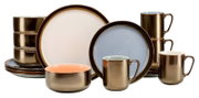 Keramik-Geschirrset mit Tellern, Schalen und Bechern in Bronze-Optik mit pastellfarbenen Innenflächen, frontal in leichter Schrägansicht auf weißem Hintergrund