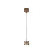 Moderne LED-hanglamp in bruin, gezien vanaf de zijkant, met een elegant, rond ontwerp en een slanke kabel.