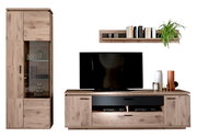 Wohnwand im Eiche-Optik-Design mit hoher Vitrine mit Glastür, TV-Lowboard mit schwarzen Fronten und Wandregal mit Büchern und Pflanze, frontal aus leicht erhöhter Perspektive