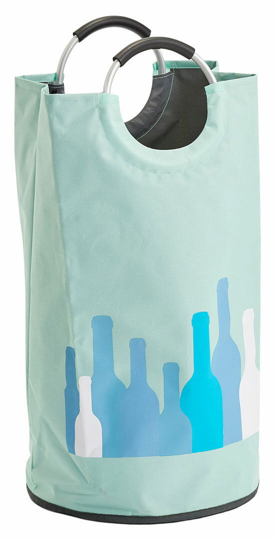 Flaschensammler mit Griffen in mintgrün mit Flaschenmotiv, seitliche Perspektive