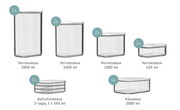 Set aus transparenten Modula Vorratsdosen in verschiedenen Größen mit weißen Deckeln, inklusive einer Aufschnittdose und einer Käsebox, aus der Frontalperspektive.