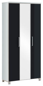 Moderner XL-Dielenschrank mit drei Türen, davon eine mit Spiegel, in einer schrägen Perspektive.