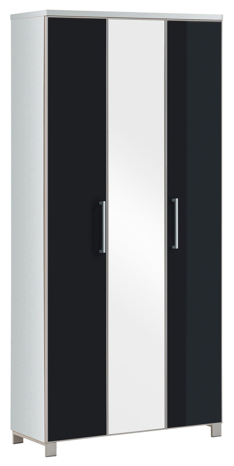 Moderner XL-Dielenschrank mit drei Türen, davon eine mit Spiegel, in einer schrägen Perspektive.
